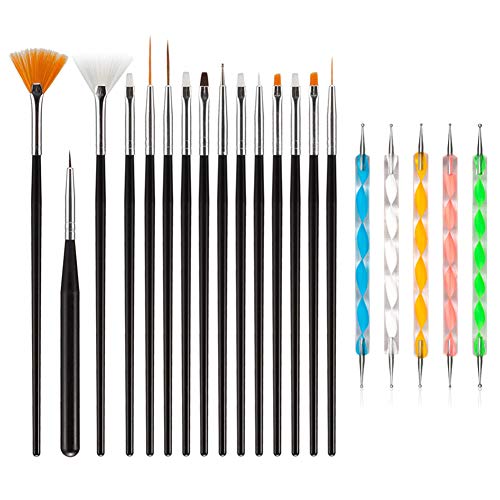 Nail Art Brushes Set, Feugole 3D Nail Art Design Dotting Painting Drawing Polish Brush Pen Tools Kits, with 15pcs Nail Gel Brushes and 5pcs 2 Way Dotting Pen for False Acrylic Nails