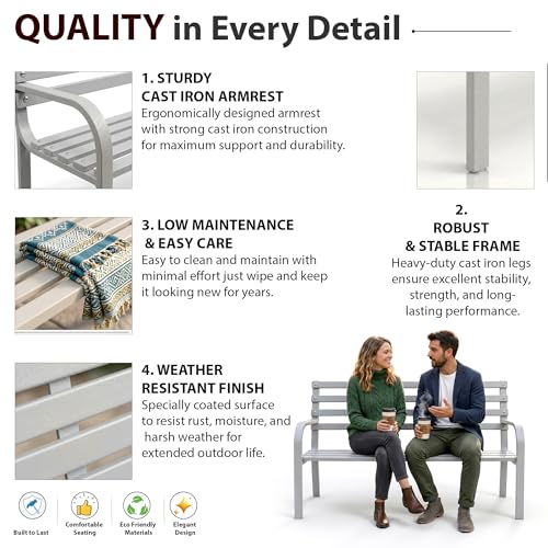 Image of BRISHI 2 Seater Metal Garden Bench for Indoor & Outdoor Park /Patio /Living Room /Terrace /Balcony (Grey)