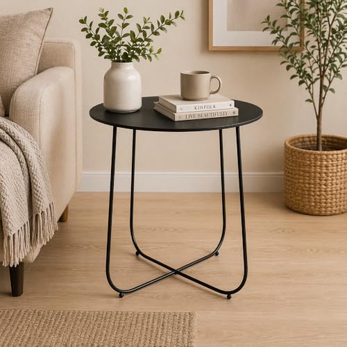 Image of Metal Side Table for Living Room | End Table, Coffee Table, Bedside Table, Plant Stand for Indoor Outdoor |Round Metal Table, Sofa Side Table (Anti -Rust) | No Assembly Required | Black