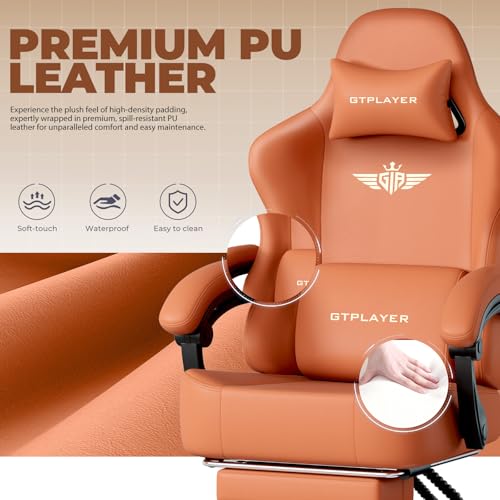 Image of GTPLAYER Gaming Chair with Pocket Spring Cushion, Big and Tall Gamings Chairs 350LBS High Back Computer Chair with Footrest for Adults Lumbar Support Swivel Game Chair for Office, Leather Orange
