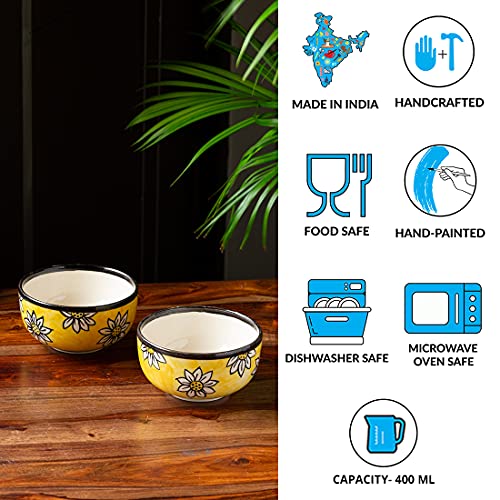 Image of ExclusiveLane 'Californian Sunflower' Ceramic Bowls for Serving Bowls Set Snacks Bowl Set (2 Pieces, 400 ML) | Handpainted Microwave Safe Bowls for Kitchen Serving Bowls for Snacks Ceramic Bowls Set