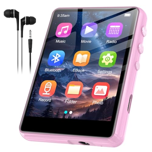 SWOFY Reproductor de MP3 de 128 GB con Bluetooth 5.3 – 2.4 pulgadas, sonido Hi Fi, altavoz integrado, función de grabación, radio FM, se puede ampliar a 512 GB (rosa)