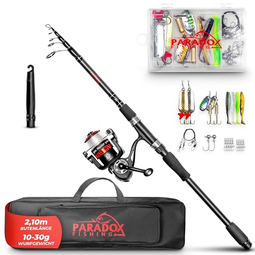 Paradox Fishing Angelruten Set zum Spinnfischen 2,1m Wg. 10-30g I Teleskop-Rute mit Rolle, Ködern, Angelzubehör und Angel-Tasche I Angel Set – Angel-Set komplett