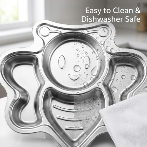 Image of Happy Hues Stainless Steel Divided Meal Plate Tray-3 Compartments Dinner Dish for Baby (BEE)