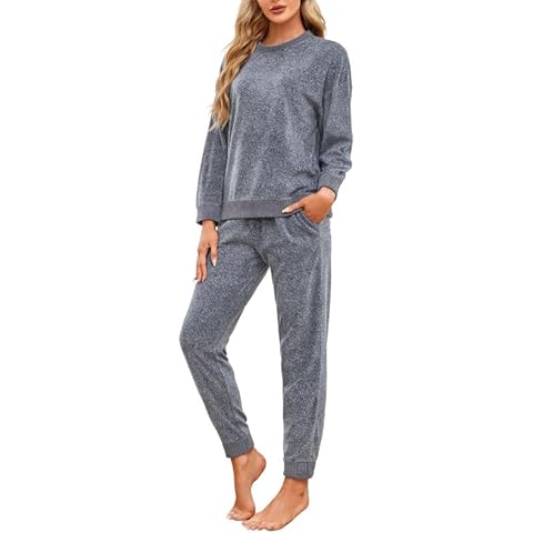 HEARTNICE Womens Pajamas Set Lightweight Fleece Outfit Soft Lounge Pjs Cozy Sleepwear with Jogger Set 2 Piece Long Pullover(Light Grey Mel., M) Cover