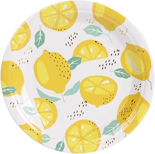 Platos de fiesta de papel de limón metálico dorado, platos de postre desechables de lámina dorada a granel, platos decorativos de frutas florales de