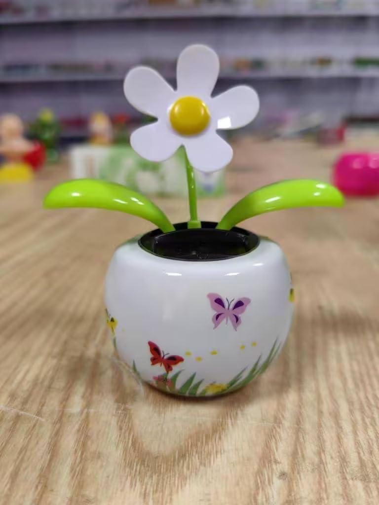 White Flower Solar Powered Dancing Flip Flap Animated Bobblehead Dancer Window Sun Catcher Car Dashboard Statues Decor Solar Power Kits