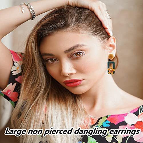 Clip On Dangle Earrings For Women Girls La Luen Non Pierced Green Geometric Resin Daisy Flowers Earrings Fashion Boho Rectangle Hypoallergenic Lightweight Jewelry Gift (Rectangle-Clip On Earrings) #TOP6