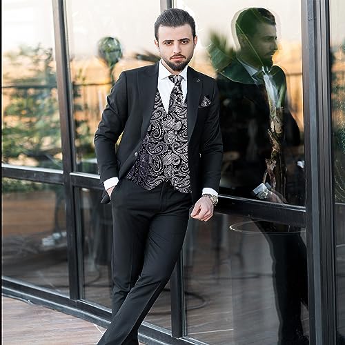 Image of DiBanGu Mens Paisley Vest Silk Sleeveless Suit Vest and Neck Tie Pocket Square Cufflinks Set for Wedding Formal