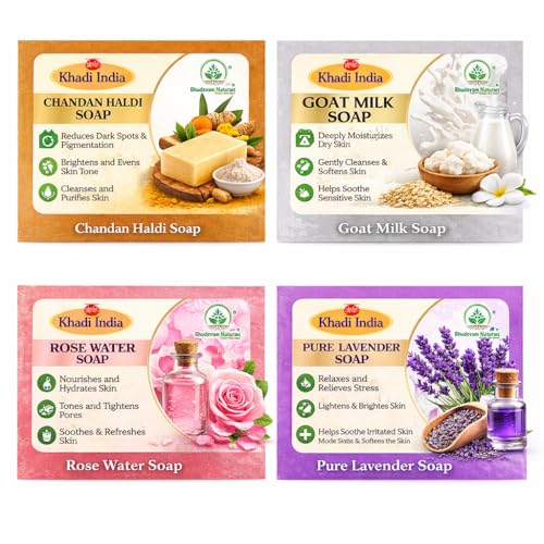 Image of Khadi Organic and Natural Handmade Bathing Soap for Men & Women | Assorted Herbal & Chemical-Free Face and Body Soap for Gentle Cleansing & Healthy Skin (Mixed soap (Pack of 4))