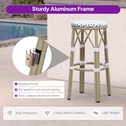 Image of PURPLE LEAF Outdoor Round Bar Height Stool Set of 2 Patio Backless Barstools Aluminum Frame in Champagne Finish with White & Blue Woven Rattan for Indoor Kitchen Dining Bistros Cafe Restaurant