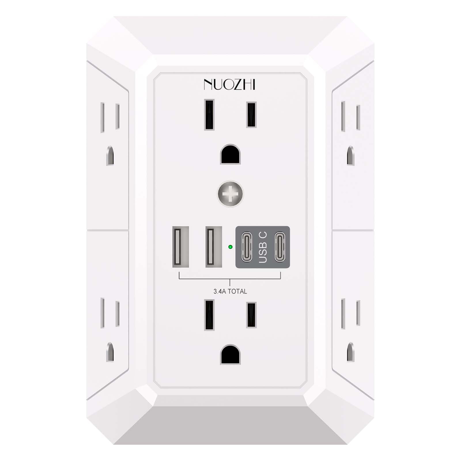 Outlet Extender Surge Protector - NUOZHI 6 Outlet Splitter with 4 USB Ports(2 USB-C), Multi Plug Wall Outlet 1680J Power Strip for Home Office Dorm Room Essentials, ETL, White 6-Outlets/Non-Night Light White