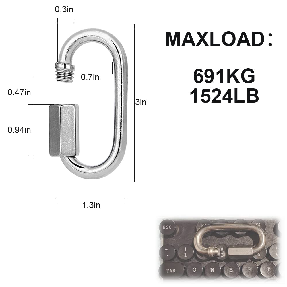 Stainless Steel M8 Chain Link,3PCS 5/16 Quick Link,Oval Locking Carabiner,1524Lbs Capacity,Large Dog Chain,Camping Equipment
