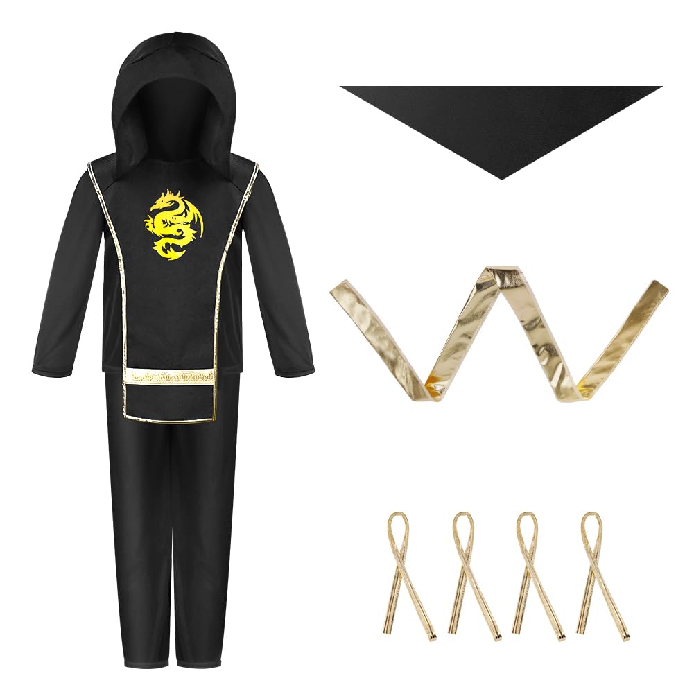 AOOWU Kostium Ninjago, kostium ninja dla dzieci z ninja, złoty smok, kostium Ninjago, dla dzieci, chłopców, na imprezy tematyczne, Halloween, kostium przebieranki, do odgrywania ról ninja (L)