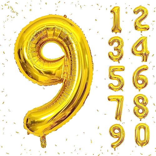Image of 40 Inch Gold Number Balloons, Helium Mylar Foil Number Balloons for Birthday, Number 9 Balloon for 9st Birthday Decorations for Kids, Anniversary Party Decorations Supplies