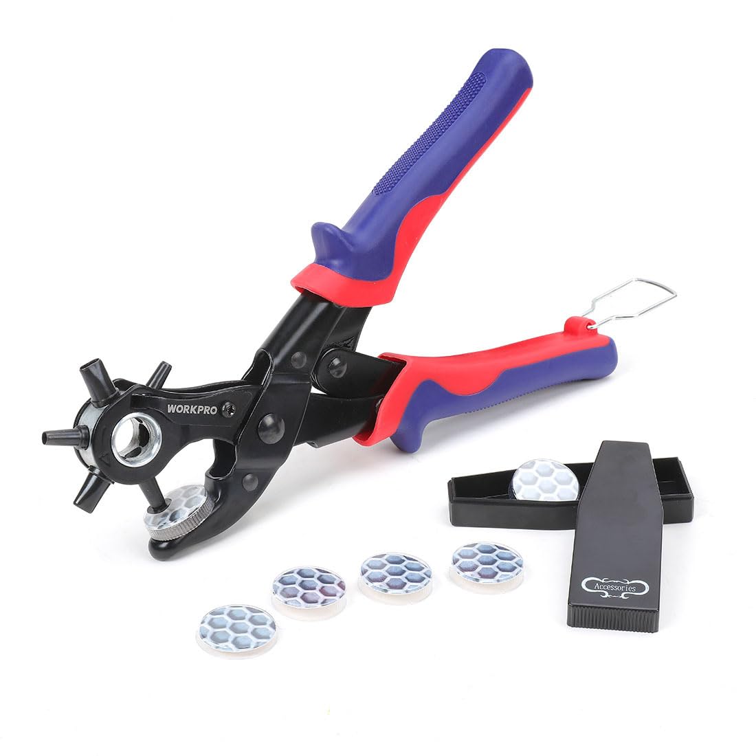 WORKPRO Alicates Sacabocado Agujero, Perforadora Puzones de 6 Tamaños 3,5-7,5 mm(Redondos, Rectangulares, Ovaladas), Sacador para Cuero Piel Cinturones Correas con 6 Placas