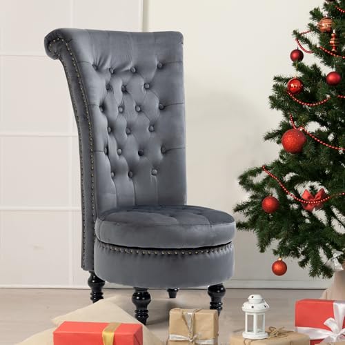 AVAWING High Back Throne Chair, Velvet Royal Accent Chair, Button-Tufted, Armless Gothic Chair w/Storage, Nailhead Trim Design & Rubber Wood Legs for Living Room & Bedroom, Grey