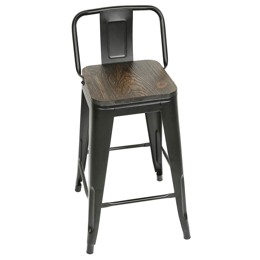 Lot de 4 Tabouret de Bar Metal,Tabouret Haut Industriel 84cm de Hauteur Assise avec Dossier et siège en Bois,pour Cuisine Bistrot Salle à Manger Intérieur et Extérieur,4 pièces (84 x 42 x 42 cm)