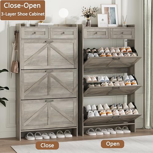 Image of Shoe Cabinet with 3 Flip Drawers & 2 Top Drawers, 57 inch Tall Freestanding Narrow Wooden Shoe Storage Organizer for Entryway, Hidden Slim Shoe Rack for Front Door Entrance, Hallway, Living Room, Grey