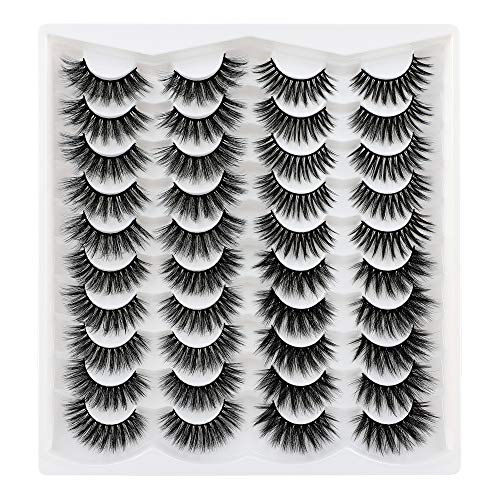 Pawotence Fake Eyelashes Wispy 20MM Dramatic Long Faux Mink Lashes Pack 4 Styles 20 Pairs High Volume Thick Fluffy Cross False Eyelashes Pack