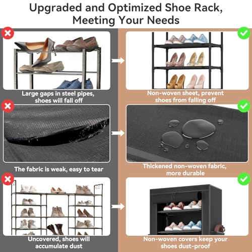 Image of ROJASOP Shoe Rack with Covers 10 Tier Large Shoe Organizer Tall Shoe Closet Storage for 20-22 Pairs Shoe and Boot, Free Standing Shoe Rack Organizer for Closet, Entryway, Bedroom, Black
