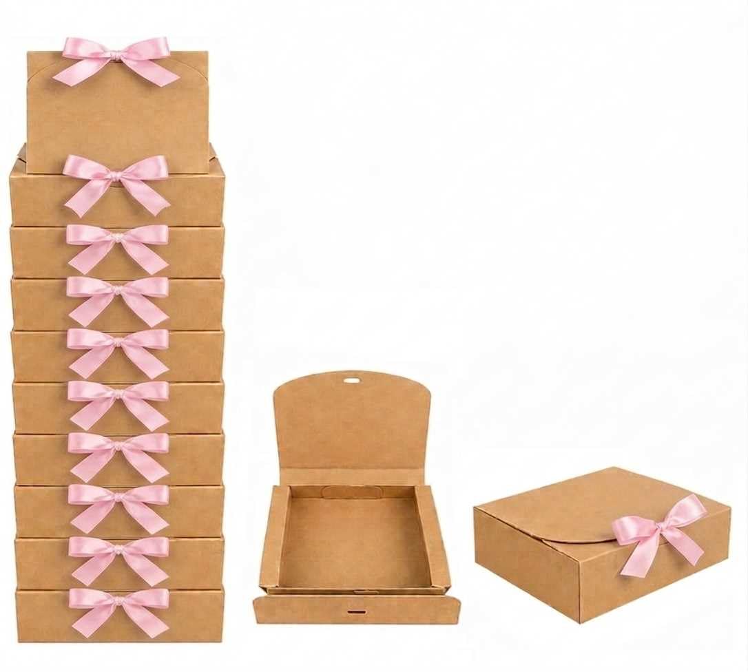 Emartbuy Brown Kraft Gift Box with Baby Pink Ribbon – 31 x 25.5 x 8 cm – Fits Books, Photo Frames & Flat Gift Sets – Birthdays Weddings Christmas Corporate Gifting Trade Wholesale – Pack of 12