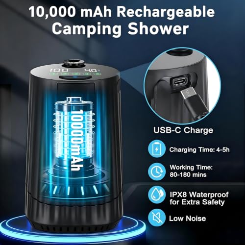 Ducha portátil para camping: ducha recargable de 10000 mAh, impermeable IPX8, bomba de ducha para campamento de alta presión, 5 velocidades con pantalla LED, regalo para camping, baño de perros, senderismo miniatura 3