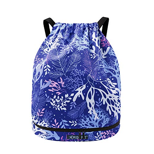 Risefit Drawstring Bags PE Bags Waterproof Gym Sack Daily Rucksack Book Bags with Large Capacity for Sports School Travel Swimming Bags Men, Women Students (Blue Bottom Coral)