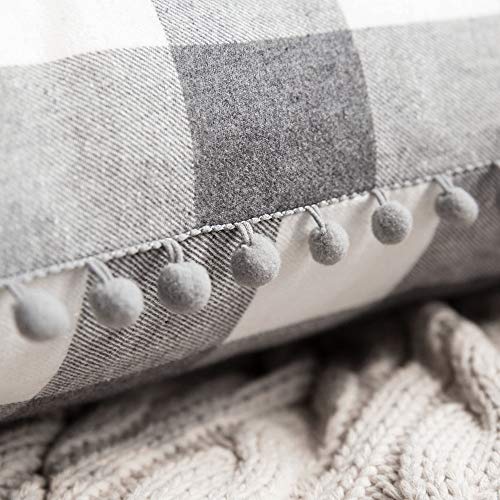 Miulee Set Of 2 Retro Farmhouse Buffalo Plaid Check Pillow Cases With Pom-Poms Decorative Throw Pillow Covers Cushion Case For Sofa Couch 18X18 Inch Grey And White #TOP1
