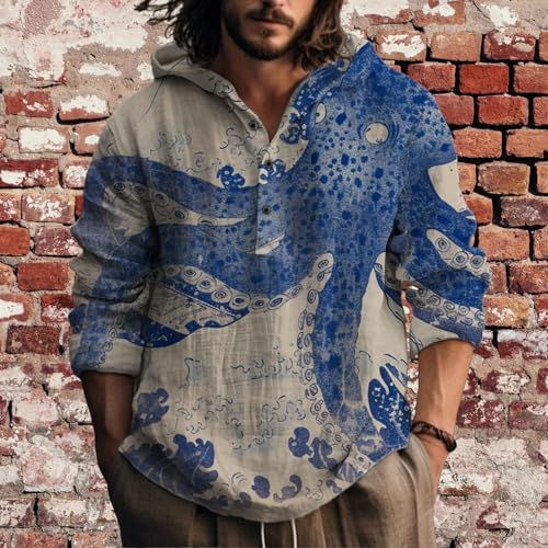 Mens Cotton Linen Hoodies Shirts Japanese Art Henley Neck Button Long Sleeve Hooded Sweatshirt Tunic Pullover Top4
