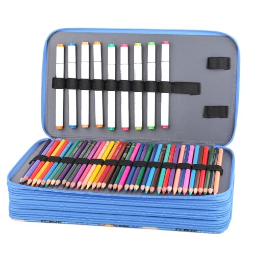 Image of Colored Pencil Case - Large Capacity Colored Pencil Holder with Zipper Closure Twill Fabric Pencil Case for 300 Colored Pencils or 200 Gel Pen, Pencil Case Organizer for Artist (Blue Flower)