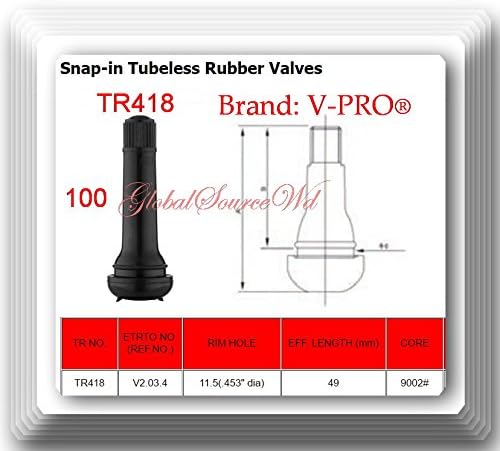 (Lot of 100 Kits) TR418 2" Snap-in Tubeless Black Rubber Tire Valve Stem (3)