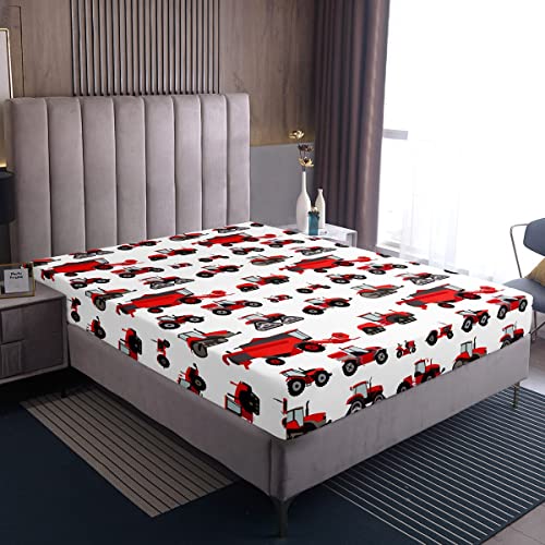 Homewish Juego de ropa de cama de tractor rojo de 140 x 200 x 30 cm para niños, niños, niñas, adolescentes, cosechadoras, tractores, sábanas bajeras de construcción, excavadoras, maquinaria agrícola