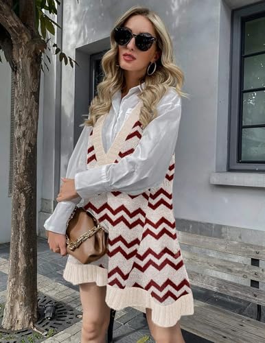 Image of Zeagoo Womens Sweater Vest Dress Pattern Knitted Pullovers Sweaters V Neck Tank Sweater Dress with Pockets