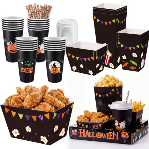 Bokon 172 Pcs/ 24 Sets of Halloween Movie Night Snack Trays Trick or Treat Summer Halloween 3 Sizes Snack Popcorn Boxes 16 oz Disposable Drinks Cups 50 Straws Sealing Stickers for Party Decoration