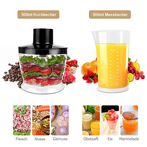 Stabmixer, 750 Watt 4-in-1 Elektro-Multifunktions-Stabmixer Zubehör-Set mit Schneebesen, 500 ml Zerhackerschale und 600 ml Behälter für Babynahrung, Shakes, Smoothies, Saucen, Suppen und Mehr - 5