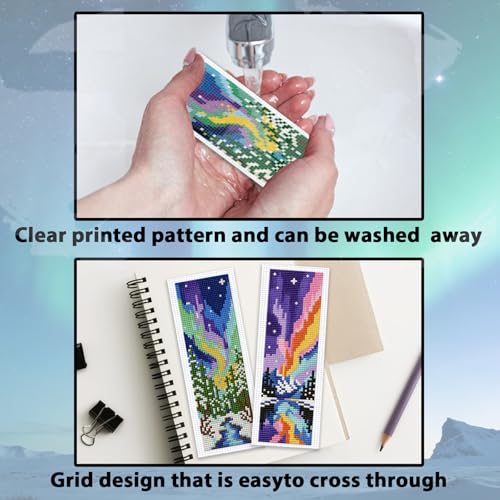 Image of ACRNIGHEET 6PCS Cross Stitch Kits Stamped Cross Stitch Bookmark Kit for Beginner Adults Colorful Aurora Embroidery Bookmark Kit Needlepoint Kits with Instructions Book Lovers Craft Gift 8.5''x3'' 11CT