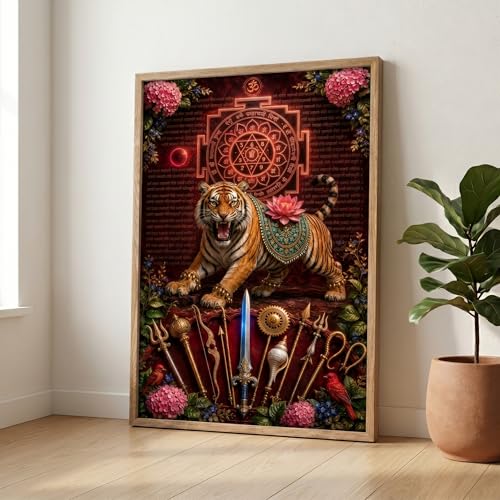 Image of Livin'luxe Durga Maa Tiger Yantra Wall Painting for Living Room Bedroom Pooja Room Decor with Premium Wooden Color Synthetic Frame, Spiritual Hindu Art Gift (13.5 x 19.5) NM01-4089