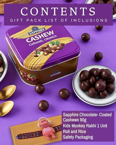 Image of Rakhi for kids rakhi for brother kids rakhi for kids boy Sapphire Cashew Caramel Coated 90g Chocolates Gift Pack