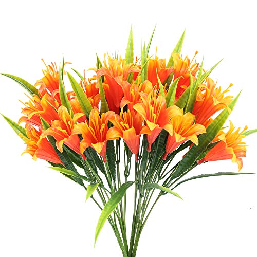 MHMJON 4 Pieces Artificial Oriental Lily Sprays Plastic Tiger Lily Bushes Fake Flowers Indoor Outdoor Home Garden Party Wedding Decoration