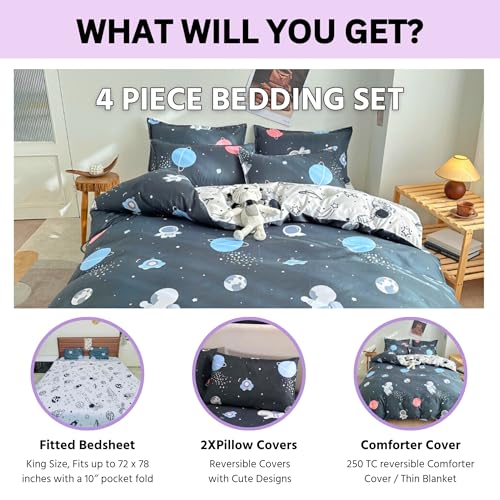 Image of Famyo King Size Bedding Set 4 Pc 250 TC Astronaut Space Design | Includes fitted bedsheet, comforter cover & 2 pillow covers, soft 250 TC bedding set in grey & white