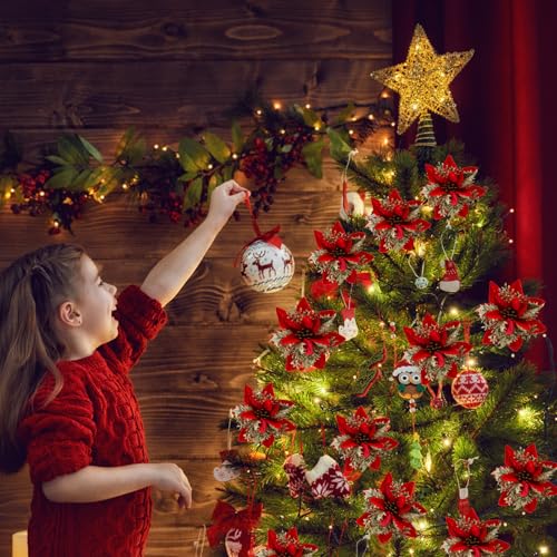 Sportyouth A-AFC3 30 Pcs Red Gold Poinsettias Artificial Christmas Flowers Large 5.5 Inch Glitter Poinsettia Christmas Tree Decoration Flower thumb #3