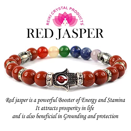 Image of Reiki Crystal Products Certified Natural Crystal Stone 7 Chakra with Hamsa 8 mm Round Beads Bracelet for Men & Women | Reiki Charged Gemstone Bracelet | Multiple Stone Variants Available