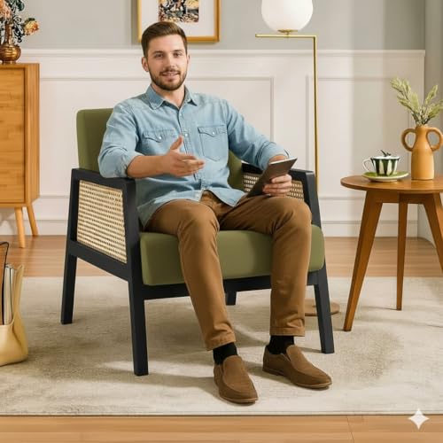 Image of Sheesham Wood Arm Chair with Cushion || Cane Chairs for Balcony || Wooden Armrest Chair Garden Chairs Outdoor || Dining Chair for Living Room Furniture Modern Accent Chair Walnut Finish