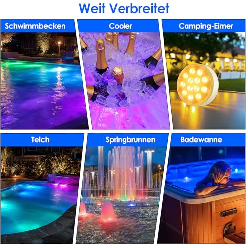 2 Stück LED Poolbeleuchtung Unterwasser Wiederaufladbare, Unterwasser Licht mit Fernbedienung, IP68 Wasserdichte Teichbeleuchtung, Für Pool, Springbrunnen, Teiche, Aquarien, Hochzeiten, 16 Farben