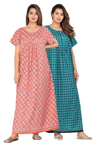 Image of Kuruti B Sheets Cotton Nighty for Women Jaipuri Print 2 Button Round Neck Short Sleeve Night Gown | Maxi Dress