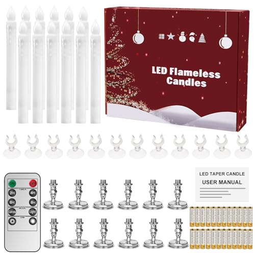 Image of 12 Pack Flameless LED Window Candles with Drip Texture,Removable Candle Holders,24 AAA Batteries,Daily Timer,ON /Off Remote,12 Window Suction Cups,Christmas Home Wedding Decor (Sliver)
