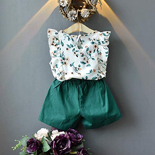 Baby Toddler Girls Summer Outfits 2-7 Years Kids Flower Print T-Shirt Sleeveless Top Belt Shorts Pants Set (Green, 3-4 Years)