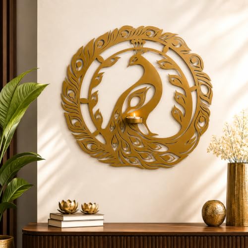 Image of Golden Metal Peacock Wall Decor with Tea Light Holder, 18 x 18 Inch Decorative Wall Hanging, Powder Coated Iron Art for Living Room, Bedroom, Hallway, Office & Housewarming Gift