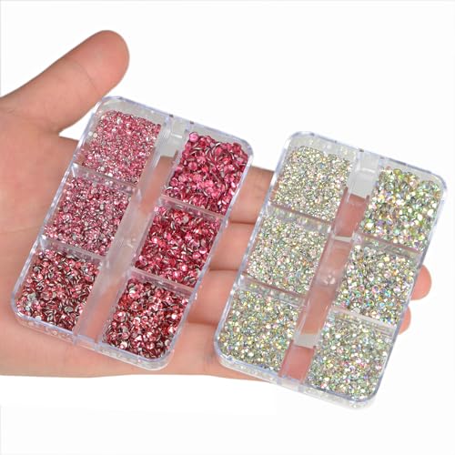 Image of Bymitel 7200 Pieces Crystal AB and Rose Rhinestones Flat Back 6 Mixed Sizes Crystal Round Glass Gems with Tweezers and Picking Rhinestones Pen